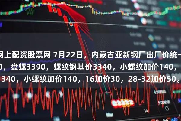 网上配资股票网 7月22日，内蒙古亚新钢厂出厂价统一上调50，现高线3290，盘螺3390，螺纹钢基价3340，小螺纹加价140，16加价30，28-32加价50。